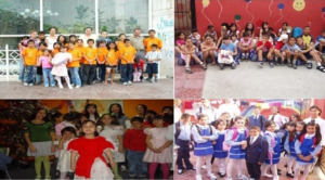 A group of children and adults posing for pictures.