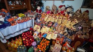 Room filled with snacks, drinks, and toys.